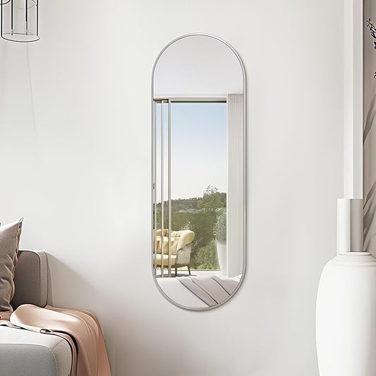 Niccy 48"×16" Oval Full Length Mirror, Long Oval Mirror with Unique Metal Frame Large Explosion-Proof Hanging Mirror for Living Room, Decorative Vanity Mirror for Bathroom, Bedroom, Silver