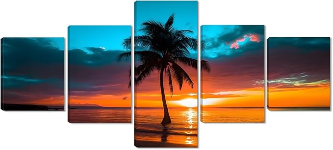 Yatsen Bridge 5 Panels Beach Wall Art for Living Room Sunset Palm Trees Landscape Pictures Canvas Prints Artwork Seascape Wall Decor Wooden Framed Ready to Hang - 50''W x 24''H