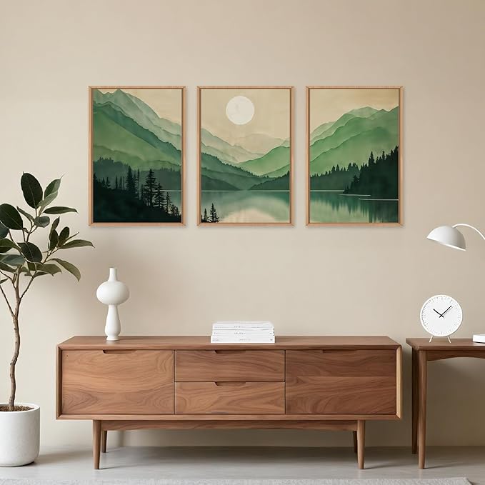 Watercolor Mountains Framed Canvas Wall Art Set, Boho Sun Forests Wall Decor, Green Scenery Wall Painting, Modern Woodland Artworks for Living Room, Bedroom, Dining Room, Office-16 x24 x3