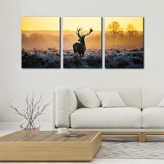 Pacimo Canvas Print Wall Art 3 Pieces Set Deer in Golden Light at Dawn Nature Wilderness Photography Realism Rustic Scenic Relax/Calm Multicolor for Living Room Bedroom Office Decor - 12" x 16" x 3