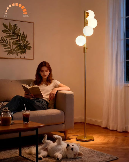 Lightdot 64IN Dimmable Globe Floor Lamp, Modern Gold Standing Lamps with 4PCS Warm White Bulbs Included,Mid Century Floor Lamp with 5Lbs Heavy Base for Living Room/Bedroom/Sofa Beside/Corner Decor