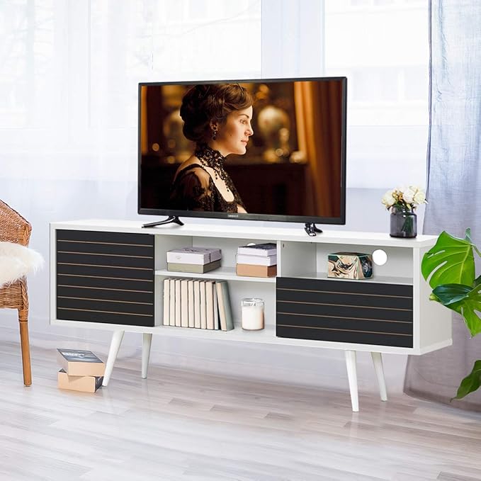 Tangkula Mid-Century Modern TV Stand for TVs up to 70 Inch, Wooden TV Console Table with Storage Shelves, Cabinet and Drawer, TV Storage Cabinet Entertainment Center for Living Room (White & Black)