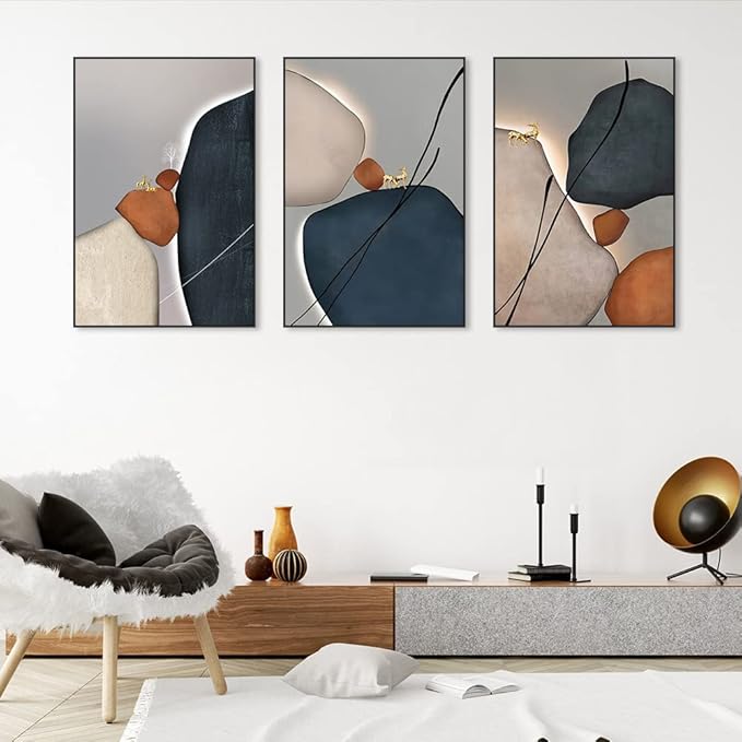 MPLONG Wall Art 3 Pieces Of Framed Decorative Paintings Abstract Simple Orange White Blue And Other Color Blocks Wall Art Canvas Prints Wall Decor (Black, 24" x 32" x 3 Panels)