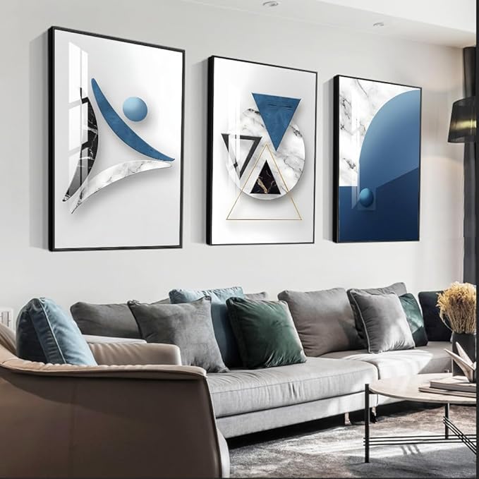 SUCSACEK Decorative Wall Art Prints 3 Panels Abstract Painting for Living Room, Bedroom, Dining Room, Kitchen, Bathroom, Office, Home Decor (Blue)