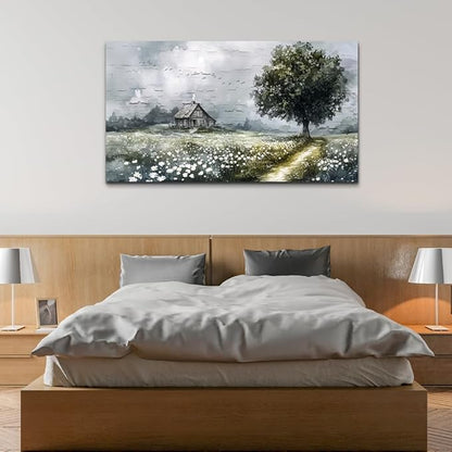 ERQINHUA Gray Canvas Wall Art For Living Room Farmhouse Wall Decor For Bedroom Office Decorations Field scenery Paintings Tree Landscape Wall Pictures Artwork Ready to Hang for Home Decor 20"X40"