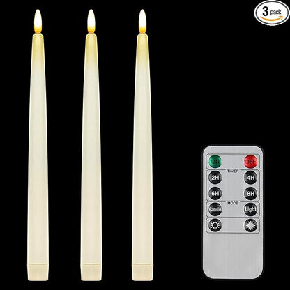 CVHOMEDECO. Flameless Taper Candles with 10-Key Remote, Battery Operated Led Flickering 3D Wick Window Candles Real Wax Finished Home Christmas Party Decor 0.78 x 11 Inch, Pack of 3, Ivory