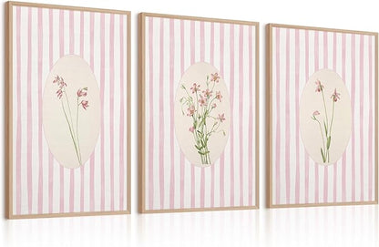 Youillne Pink Flower Wall Art Striped Floral Prints Botanical Canvas Wall Decor Aesthetic Pictures Pastel Pink Floral Poster Minimalist Flower Painting for Girl Room 16x24 Inch Unframed Set of 3