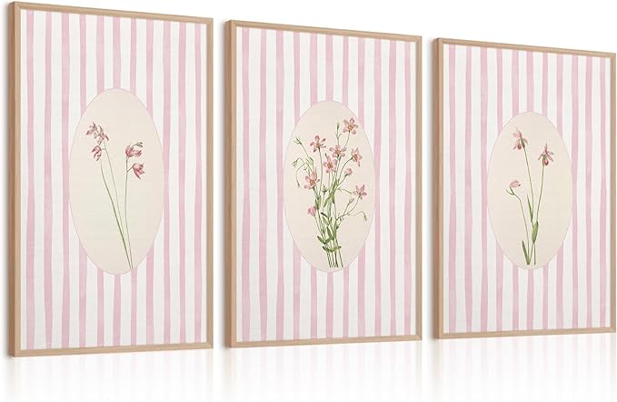 Youillne Pink Flower Wall Art Striped Floral Prints Botanical Canvas Wall Decor Aesthetic Pictures Pastel Pink Floral Poster Minimalist Flower Painting for Girl Room 12x16 Inch Unframed Set of 3