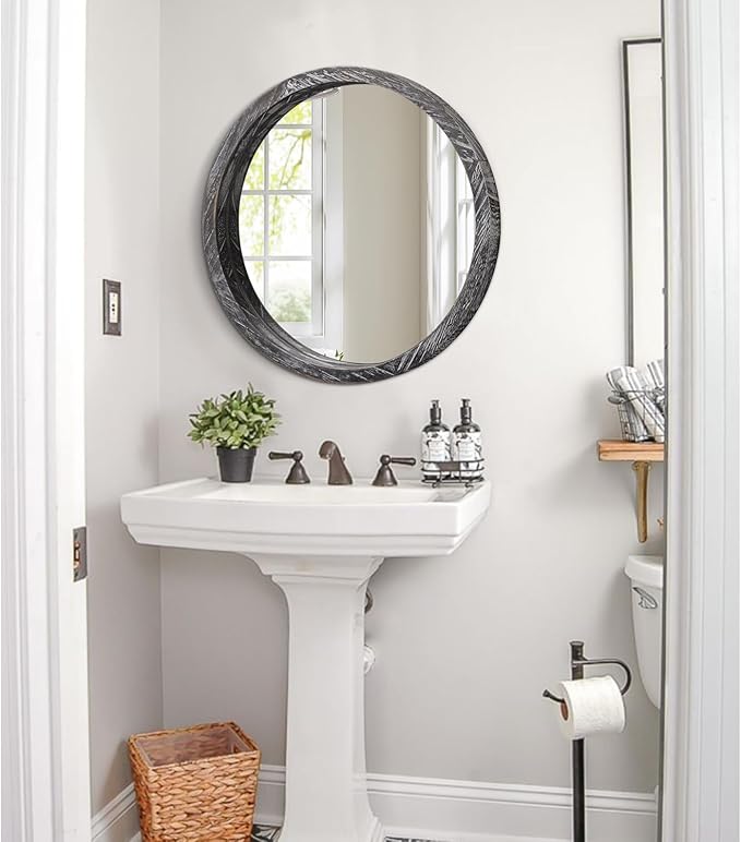 JJUUYOU Round Wall Mirror Large Circular Wall Mounted Mirror for Bathroom Circle Mirror for Decor Wooden Make up Mirror for Farmhouse Living Room Bedroom 20Inch