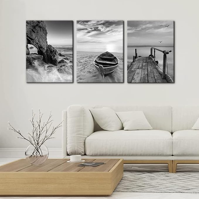 Pacimo 3 Panels Set Framed Canvas Wall Art Print for Seascape Beach and Boat Sunrise Scenery Black and White Giclee Canvas Print Modern Artwork for Wall Decor Ready to Hang - 12" x 16" x 3
