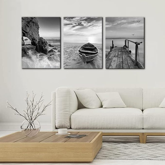 Pacimo 3 Panels Set Framed Canvas Wall Art Print for Seascape Beach and Boat Sunrise Scenery Black and White Giclee Canvas Print Modern Artwork for Wall Decor Ready to Hang - 12" x 16" x 3