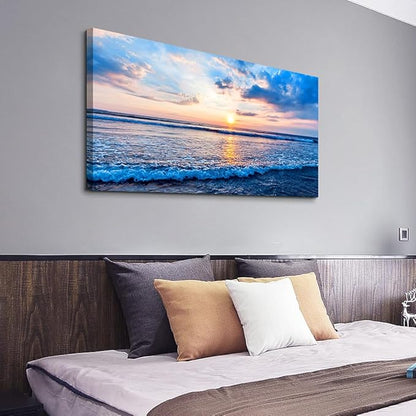 Wapluam Canvas Wall Art For Living Room Large Wall Decor Office Bedroom Home Decorations Blue Beach Ocean Sea Waves Landscape Wall Painting Posters Prints Pictures Wall Mural Artwork 24 X 48 in