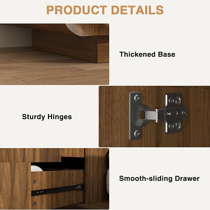 TV stand for 65'' TV , Media Console Table with Storage Cabinet, Spiral Wave Design,Low Profile Credenza for Living Room,Entertainment Center Television Stand with Curved Corner for Bedroom Walnut