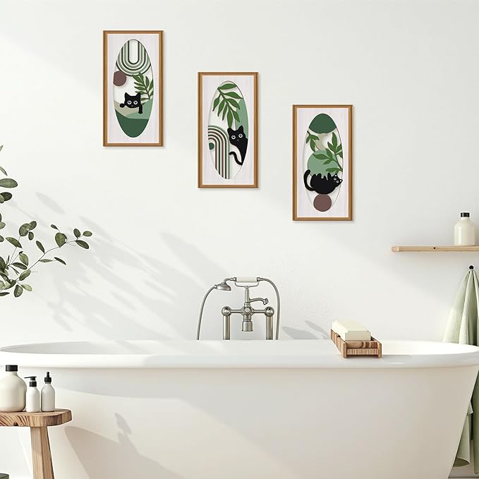 Celestdeco Boho Black Cat Wall Decor,Green Boho Wall Art,Mid Century Modern Decor Kitty,Abstract Geometric Line Artwork Cats,Green Plants Bohemian Botanical Cat Wood Art for Home Bedroom Living Room