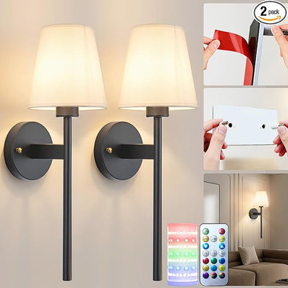 Battery Operated Wall Sconces Set Of 2, Wireless Battery Wall Light With 10000mAh RGB Rechargeable Magnetic Bulb, Rechargeable Wall Sconce With Remote Control For Bedroom, No Electrician Required