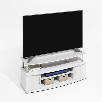 Furinno Jaya TV Stand, Entertainment Center, TV Console, for TV up to 55 Inch, with 2 Doors and Cable Management Holes, for Living Room, Bedroom, White Wood/Stainless Steel Tubes