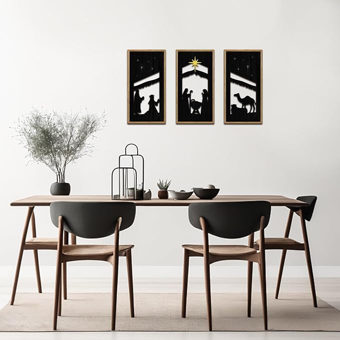 KARNE Christian Wooden Wall Art, Set of 3,Framed Nativity Scene Wall Decor,Abstract Baby Room Nursery Artwork Prints,Large Religious Family Decor for Living Room Bedroom Kitchen Decoration,8X16 inch