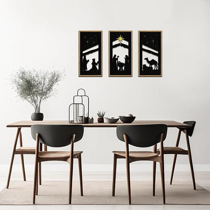 KARNE Christian Wooden Wall Art, Set of 3,Framed Nativity Scene Wall Decor,Abstract Baby Room Nursery Artwork Prints,Large Religious Family Decor for Living Room Bedroom Kitchen Decoration,8X16 inch