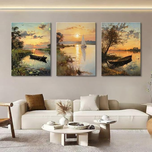 weiyiart Farmhouse Canvas Wall Art Vintage Wall Decor for Living Room Quiet River Sunset Boat Print Paintings Aesthetic Nature Landscape Picture Artwork for Bathroom Bedroom Office 12"x16"x3pcs