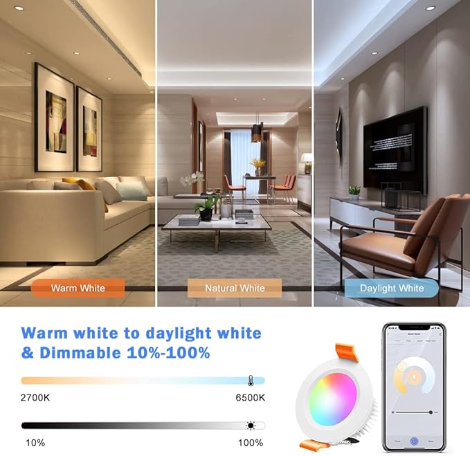 inShareplus 2 Inch Smart LED Recessed Lighting, 5W WiFi RGB Downlight, CCT 2700K-6500K Dimmable Color Changing Ceiling Light with LED Driver, Compatible with Alexa and Google Home, 120V, 6 Pack