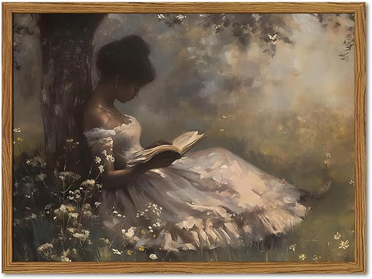 Framed Vintage Wall Art, Moody Black Girl Reading Book Pictures Wall Decor, Victorian Woman African American Paintings Canvas Prints Aesthetic Artwork for Home Living Room Bedroom 16x24 inch