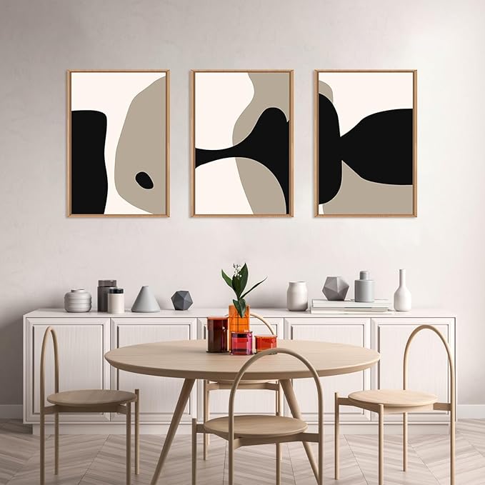 DRACIT Large Neutral Abstract Lines Framed Canvas Wall Art Set,Minimalist Black Beige Brown Wall Decor,Modern Mid Century Geometric Blocks Artwork for Living Room,Bedroom,Office-16 x24 x3