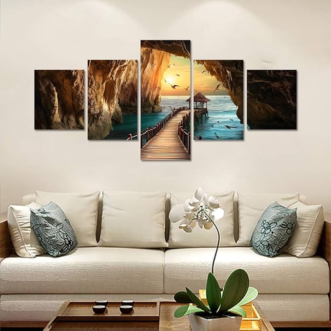 Yatsen Bridge 5 Panels Seascape Wall Art for Living Room Sunset and Seagulls Landscape Pictures Canvas Prints Artwork Modern Beach Home Decor Wooden Framed Ready to Hang - 50''W x 24''H