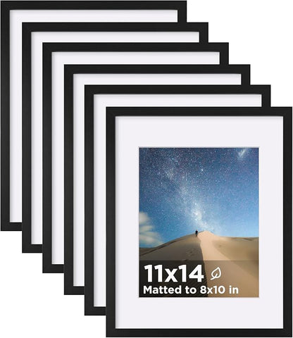KINLINK 11x14 Picture Frame Set of 6, Wooden 14x11 Photo Frames with Plexiglass for 8x10 Picture with Mat or 11x14 Without Mat, Art Collage for Wall Gallery and Tabletop Display, 11 x 14 Frame Black