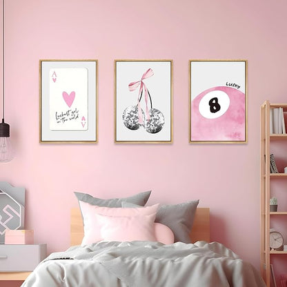 JBZZD Pink Coquette Canvas Wall Art Set of 3 Trendy Preppy Disco 8 Ball Cherry Wall Decor Posters Room Decor Prints Pictures for College Apartment Girls Bedroom Living Room Unframed 16x24 In