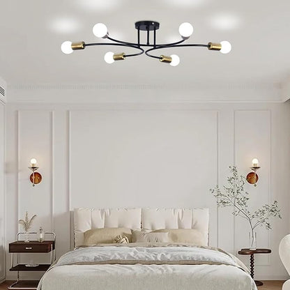 FRIXCHUR Modern Semi Flush Mount Ceiling Light Fixture 6-Lights Sputnik Chandelier Light Black and Gold Close to Ceiling Light Fixture for Living Room Bedroom Kitchen
