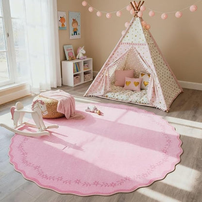 GarveeHome Round Area Rugs 4ft for Kids Room, Solid Pink Scalloped Washable Circle Rug Soft Non Slip Floral Print Floor Mat Carpet Indoor Thin Tent Rug for Bedroom Dining Room Playroom Nursery