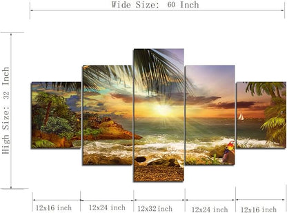 Scene of Sea Waves Palm Tree Landscape Picture Modern Painting on Canvas 5 Piece Framed Wall Art for Living Room Bedroom Kitchen Home Decor Stretched Canvas Wrap Giclee Print (60’’W x 32’’H)