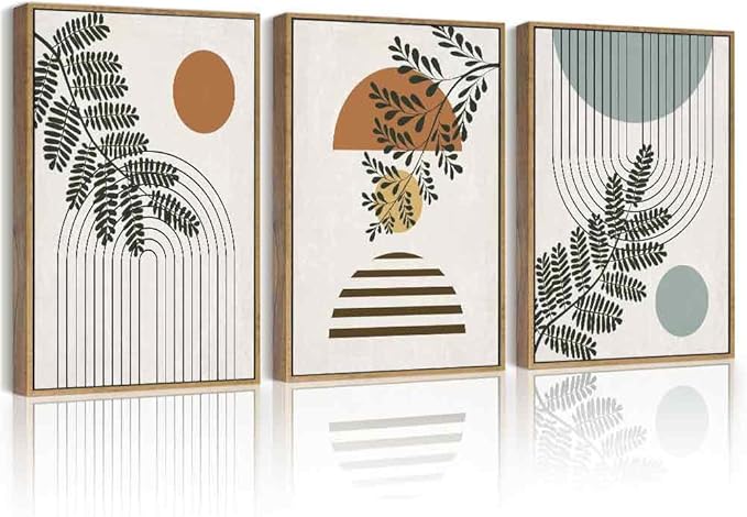 PHOPAGO Summer Boho Wall Art Botanical Modern Framed Wall Prints Abstract Neutral Geometric Prints Bohemain Plants Decor for Farmhouse Hallway - 12x16in Natural Framed