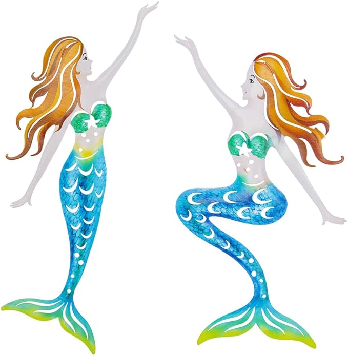 Metal Mermaid Wall Art, Ocean Indoor/Outdoor Art, Fish Wall Art for Bathroom, Kitchen, Garden & Pool (2 Pcs)