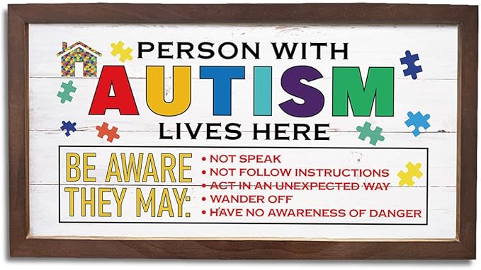 Autism Awareness Decor Sign, Wall Decor Art, Modern Farmhouse Home Decors, Autistic Support Wooden Plaque for Home, Wooden Framed Hanging Signs, Person with Autism Lives Here Sign 15×7.5×0.3 inches
