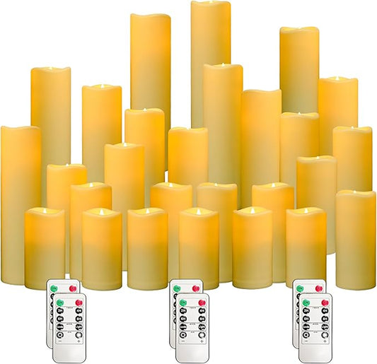 YIWER Plastic Waterproof Flameless Candles Set of 27: Battery Operated Candles Ivory Flickering Pillar Candles Include 4"/5"/6"/7"/8"/9" with 10-Key Remote 2/4/6/8H Timer Function