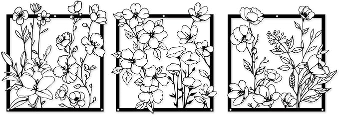 Vineland Metal Floral Wall Art, 11.8x11.8 inches, Set of 3, Black Minimalist Floral Decor for Living room Bathroom Bedroom, Housewarming Gifts