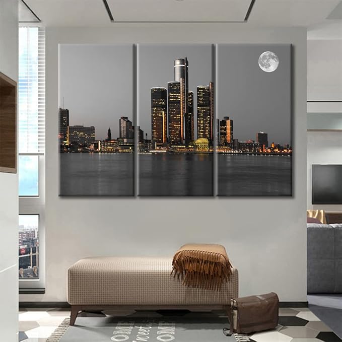 TUMOVO Wall Decor Detroit Downtown Skyline Wall Art Beautiful City Skyline Pictures Wall Decor for Living Room 3 Piece Skyscrapers Contemporary Home Decor Framed Ready to Hang (60" Wx40 H)