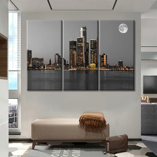 TUMOVO Wall Decor Detroit Downtown Skyline Wall Art Beautiful City Skyline Pictures Wall Decor for Living Room 3 Piece Skyscrapers Contemporary Home Decor Framed Ready to Hang (60" Wx40 H)