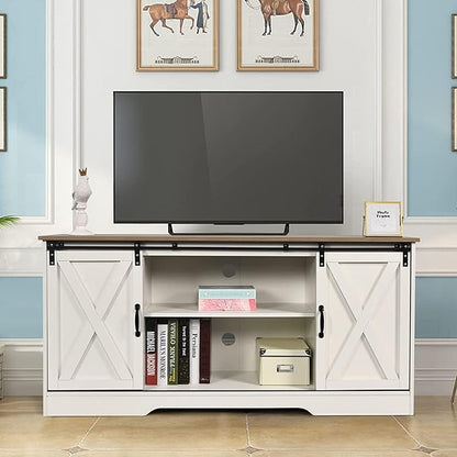 4 EVER WINNER TV Stand for 65 Inch TV for Living Room, Modern Farmhouse Barn Door TV Stand with Storage Cabinets and Adjustable Shelves for Bedroom, Media Entertainment Center TV Console Table, White