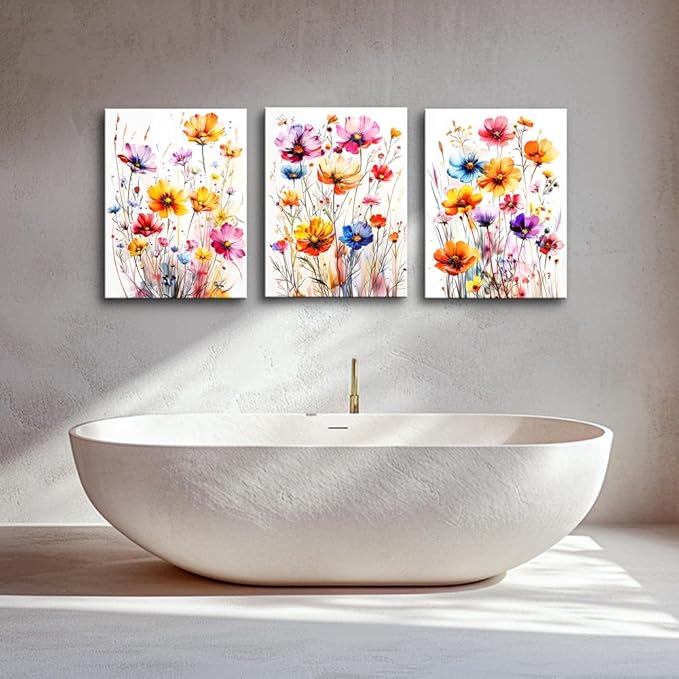 DZRWUBHS Watercolour Floral Wall Art for Living Room Canvas Wall Decor for Bedroom Modern Family Decor Flowers Posters Vintage Wildflower Pictures Print Paintings Artwork Home Decoration 3 Piece