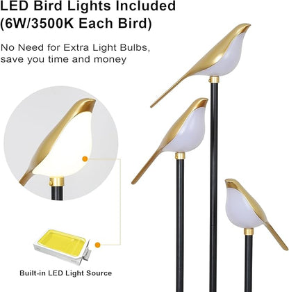 Black and Gold Floor Lamp, Bird Floor Lamp with Shelves, Modern floor Lamps for Living Room, 3-Light Corner Standing Lamp, LED Stand Up Lamp, Tall Lamp for Bedroom, Office, Cute Lighting Decor