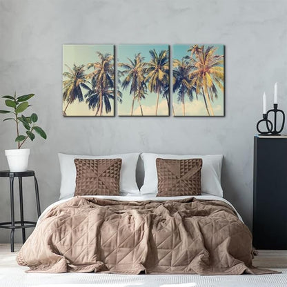 Pacimo Canvas Print Wall Art Set Row of California Palm Trees & Blue Sky Nature Wilderness Photography Realism Chic Scenic Seaside Landscape Pictures Giclee Artwork Stretched Framed - 20"x28"x3 Panels