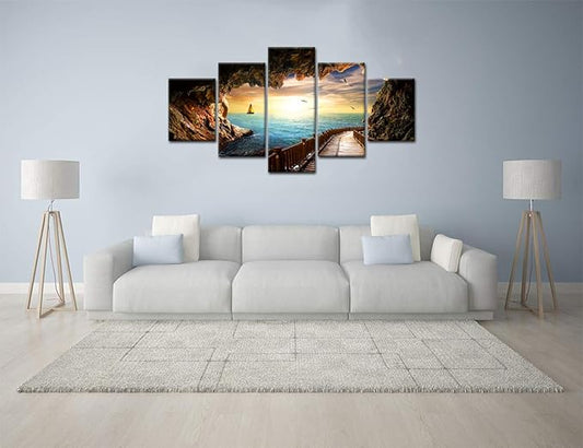 Sunset Seagulls Stone Scene Landscape Picture Modern Painting on Canvas 5 Piece Framed Wall Art for Living Room Bedroom Kitchen Home Decor Stretched Gallery Canvas Wrap Giclee Print (60’’W x 32’’H)