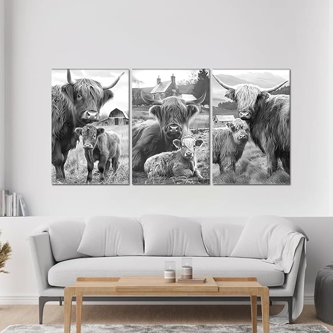 Yatsen Bridge 3 Panel Highland Cow & Calf Canvas Wall Art Warm Cute Cow Family Poster Wall Decor Black White Vintage Animals Artwork for Country Apartment Kitchen Hotel Decoration 24x36inchx3pcs
