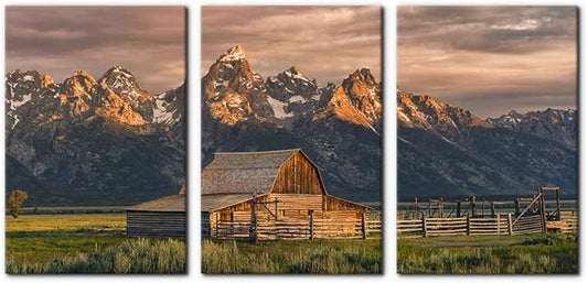 Pacimo Country Paintings for Wall Grand Canyon Picture Art Nature Landscape Artwork 3 Pieces Log Cabin Modern Wall Art Giclee Home Decorations for Living Room Framed Ready to Hang - 16"x24"x3 Panels