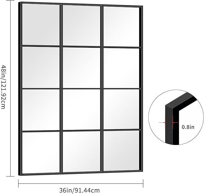 Rectangle Mirror, Window Mirror Wall Mounted, 36"×48" Window Pane Mirror Wall Decor Metal Framed, Large Black Mirror for Bedroom Living Room Fireplace Entryway Hanging or Leaning Against Wall