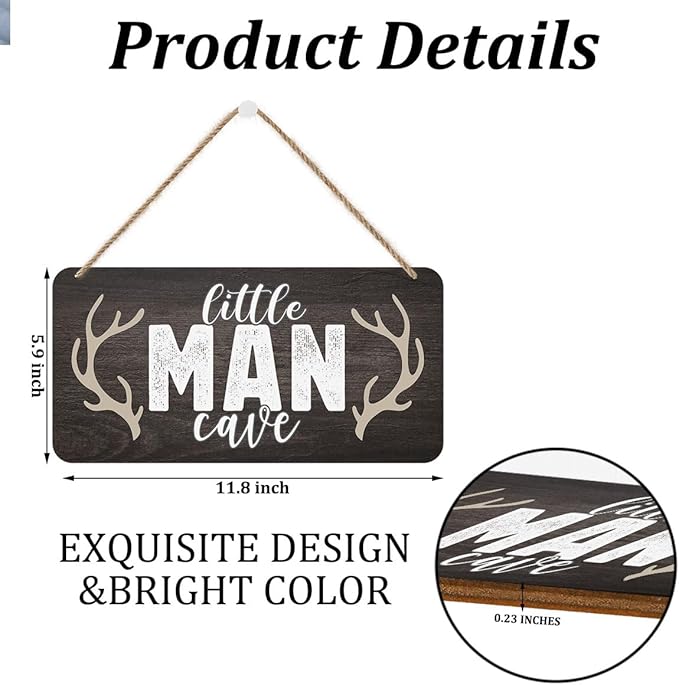 Little Man Cave Sign Door Wall Art Decor, Vintage Little Man Cave Antlers Wooden Wall Decoration, Rustic Brown Hanging Sign for Bedroom Living Room Front Door