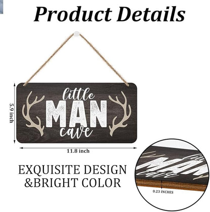 Little Man Cave Sign Door Wall Art Decor, Vintage Little Man Cave Antlers Wooden Wall Decoration, Rustic Brown Hanging Sign for Bedroom Living Room Front Door