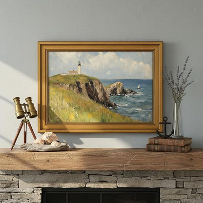 Vintage Gold Framed Canvas Wall Art, Island Lighthouse Poster Artwork, Nature Ocean Landscape Print Picture, Seascape Painting Wall Decor, for Living Room, Bedroom, Home Decoration, 16x24in